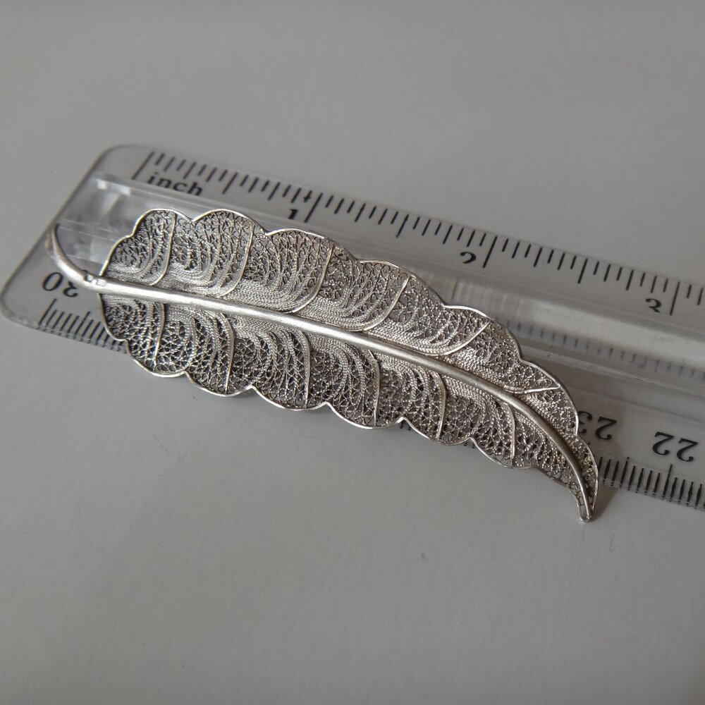 Vintage Ornate Filigree Leaf Brooch Silver Tone Large Pin